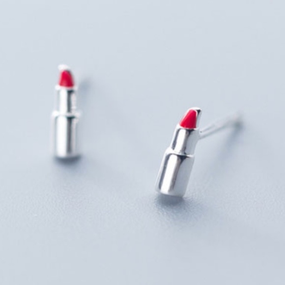 925 Sterling Silver Red Lipstick Stud Earrings - Picture 1 of 3